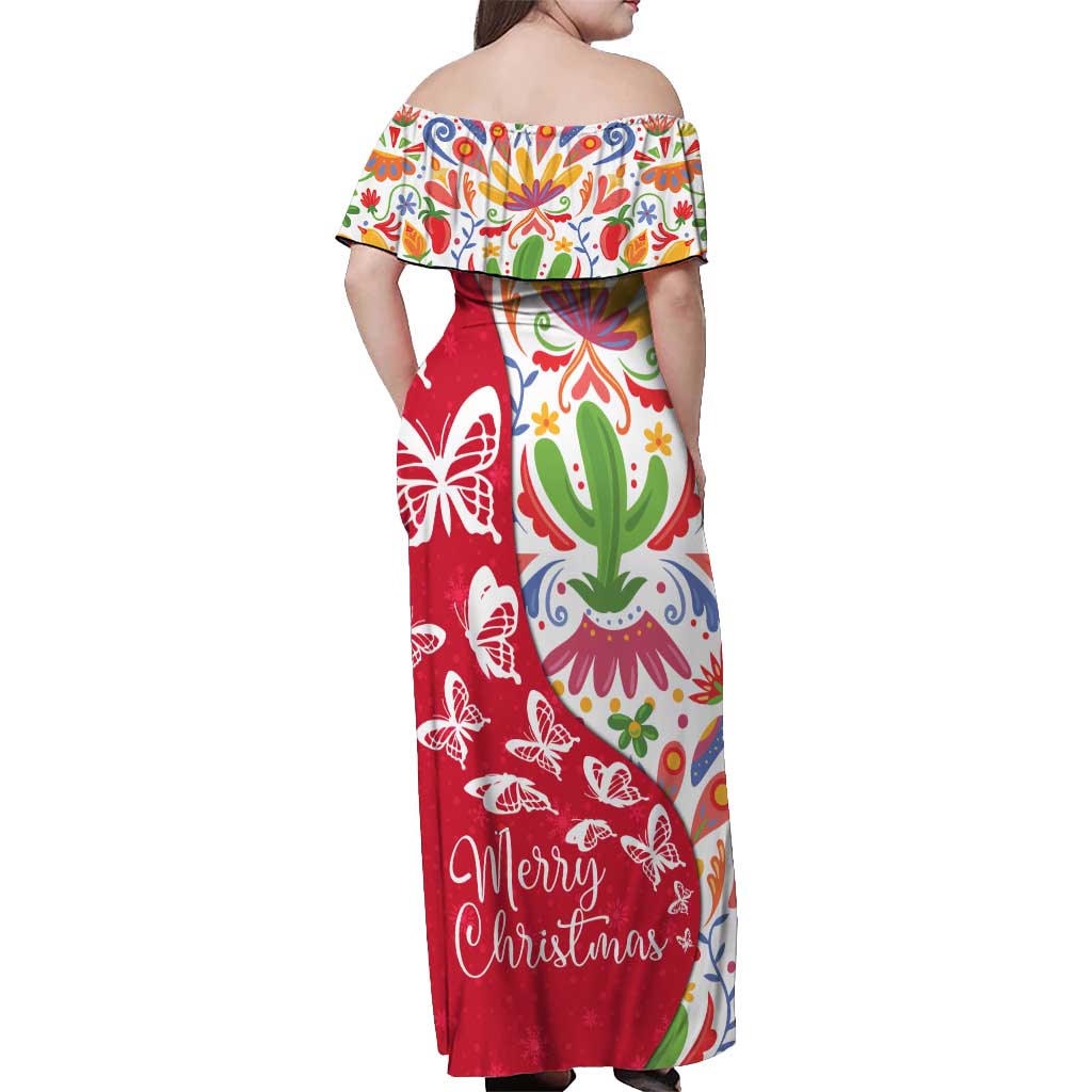 Mexico Christmas Off Shoulder Maxi Dress with Butterfly Cactus and Colorful Floral Folk Art - Wonder Print Shop
