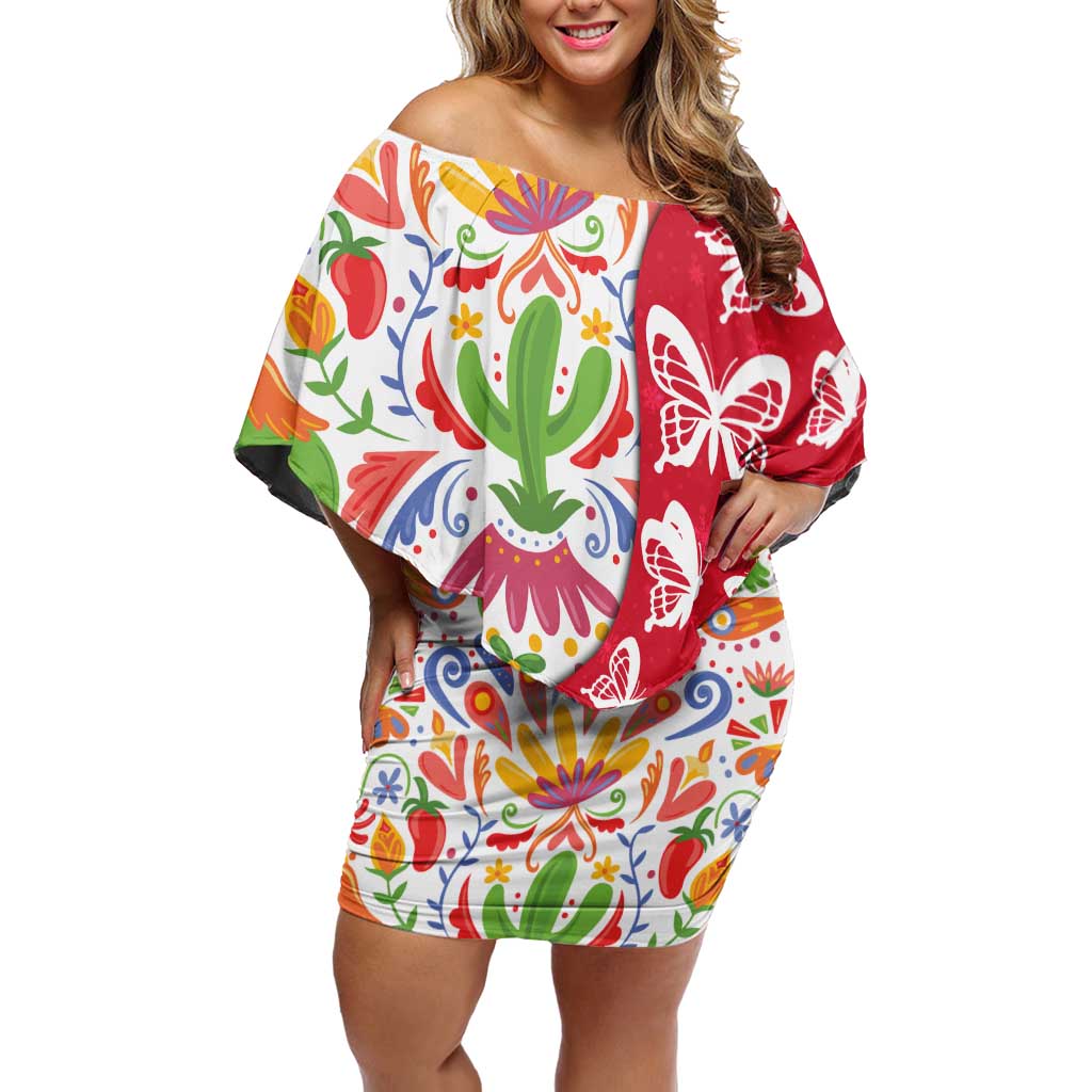 Mexico Christmas Off Shoulder Short Dress with Butterfly Cactus and Colorful Floral Folk Art - Wonder Print Shop