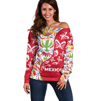 Mexico Christmas Off Shoulder Sweater with Butterfly Cactus and Colorful Floral Folk Art - Wonder Print Shop