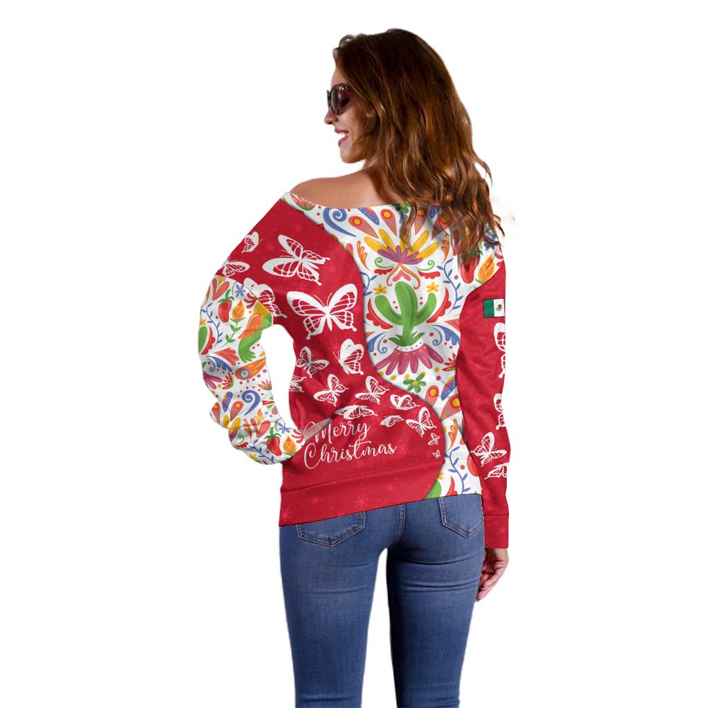 Mexico Christmas Off Shoulder Sweater with Butterfly Cactus and Colorful Floral Folk Art - Wonder Print Shop
