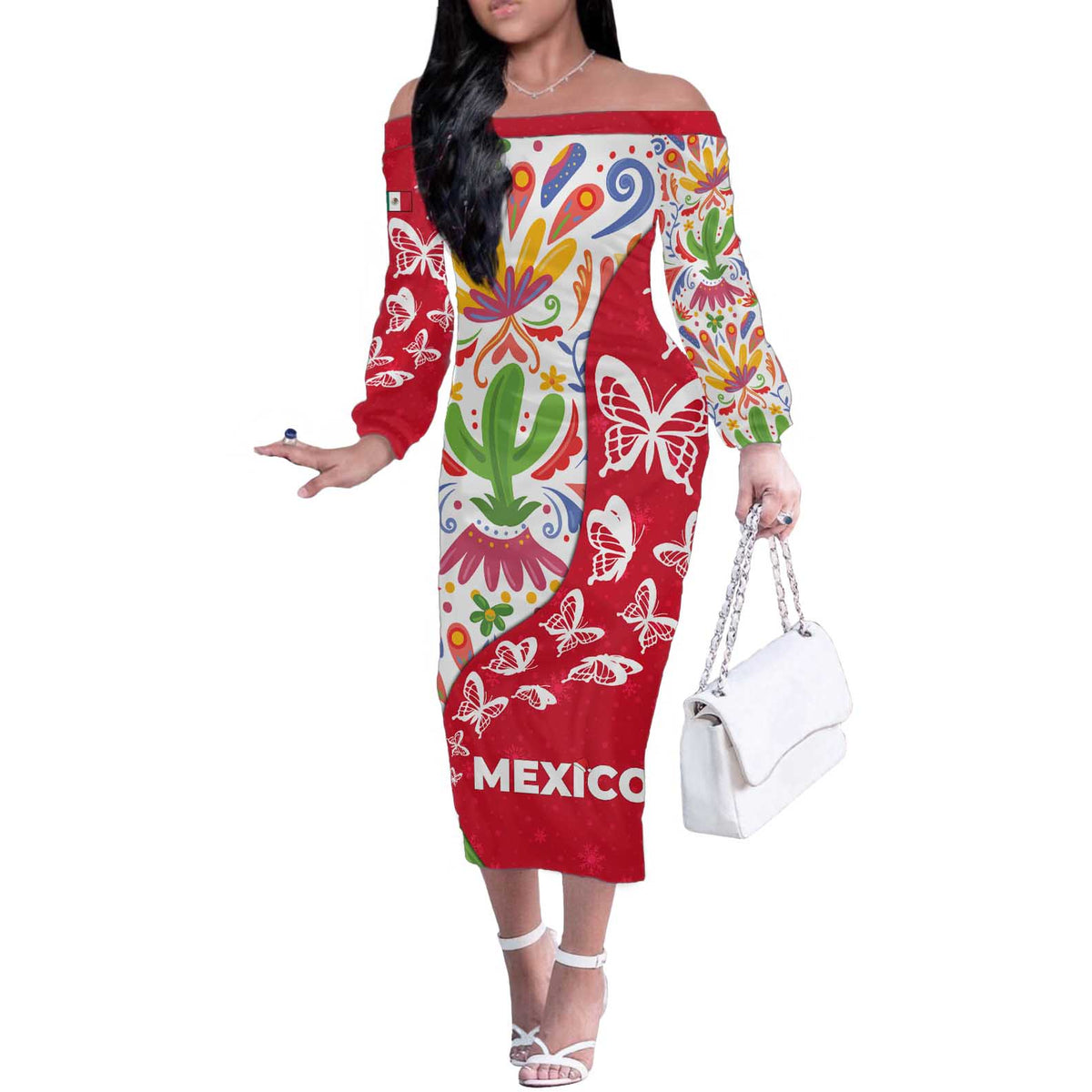 Mexico Christmas Off The Shoulder Long Sleeve Dress with Butterfly Cactus and Colorful Floral Folk Art - Wonder Print Shop