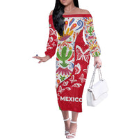 Mexico Christmas Off The Shoulder Long Sleeve Dress with Butterfly Cactus and Colorful Floral Folk Art - Wonder Print Shop