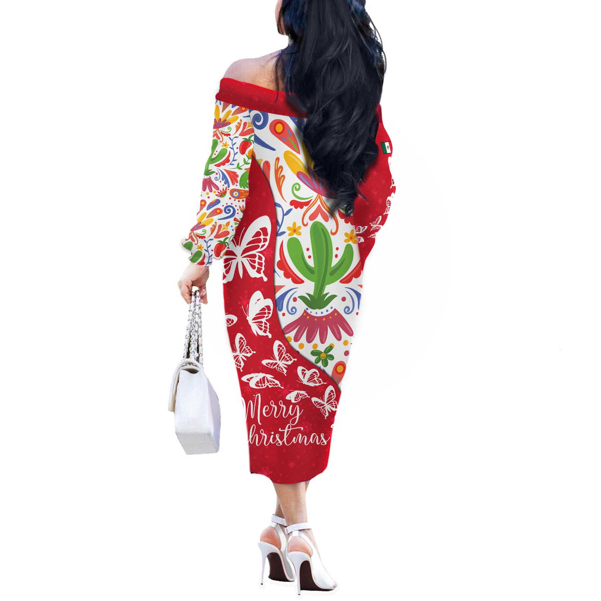 Mexico Christmas Off The Shoulder Long Sleeve Dress with Butterfly Cactus and Colorful Floral Folk Art - Wonder Print Shop