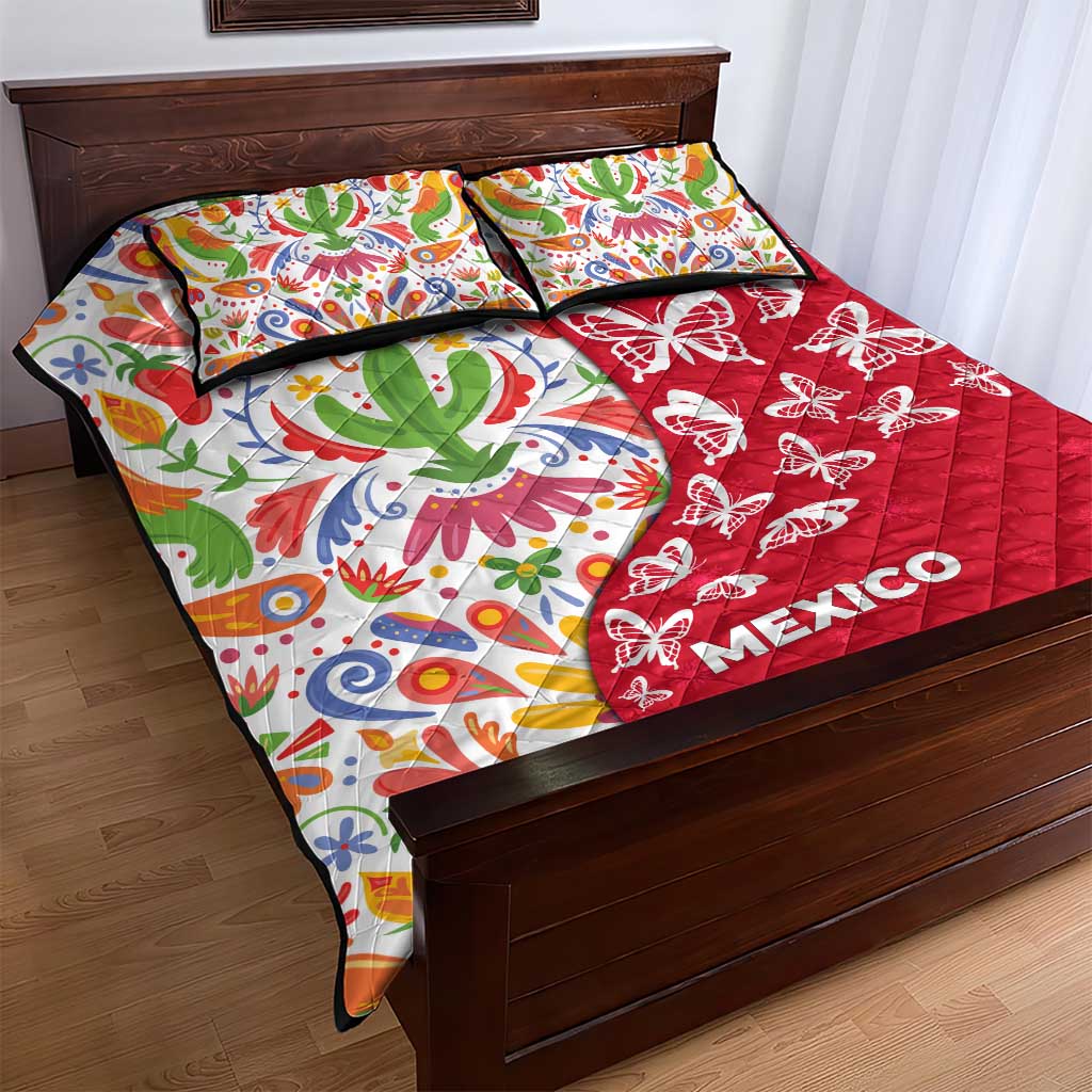 Mexico Christmas Quilt Bed Set with Butterfly Cactus and Colorful Floral Folk Art - Wonder Print Shop