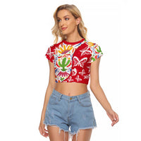 Mexico Christmas Raglan Cropped T Shirt with Butterfly Cactus and Colorful Floral Folk Art - Wonder Print Shop