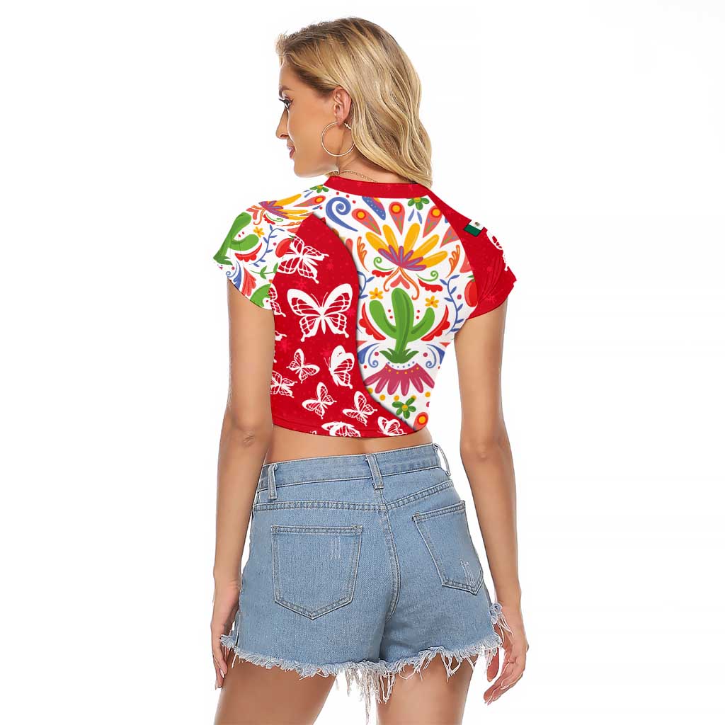 Mexico Christmas Raglan Cropped T Shirt with Butterfly Cactus and Colorful Floral Folk Art - Wonder Print Shop