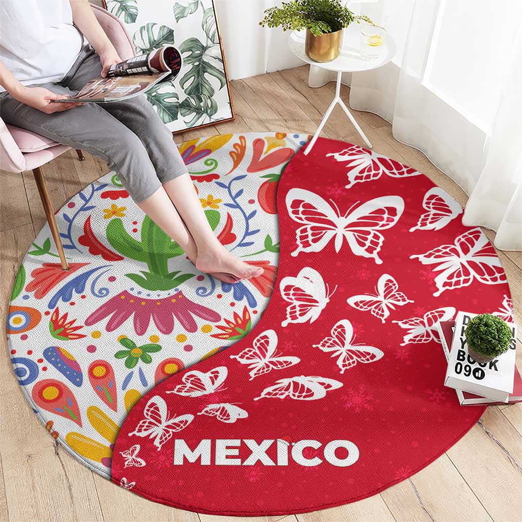 Mexico Christmas Round Carpet with Butterfly Cactus and Colorful Floral Folk Art - Wonder Print Shop