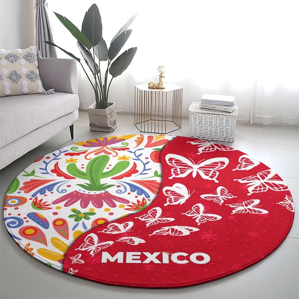 Mexico Christmas Round Carpet with Butterfly Cactus and Colorful Floral Folk Art - Wonder Print Shop