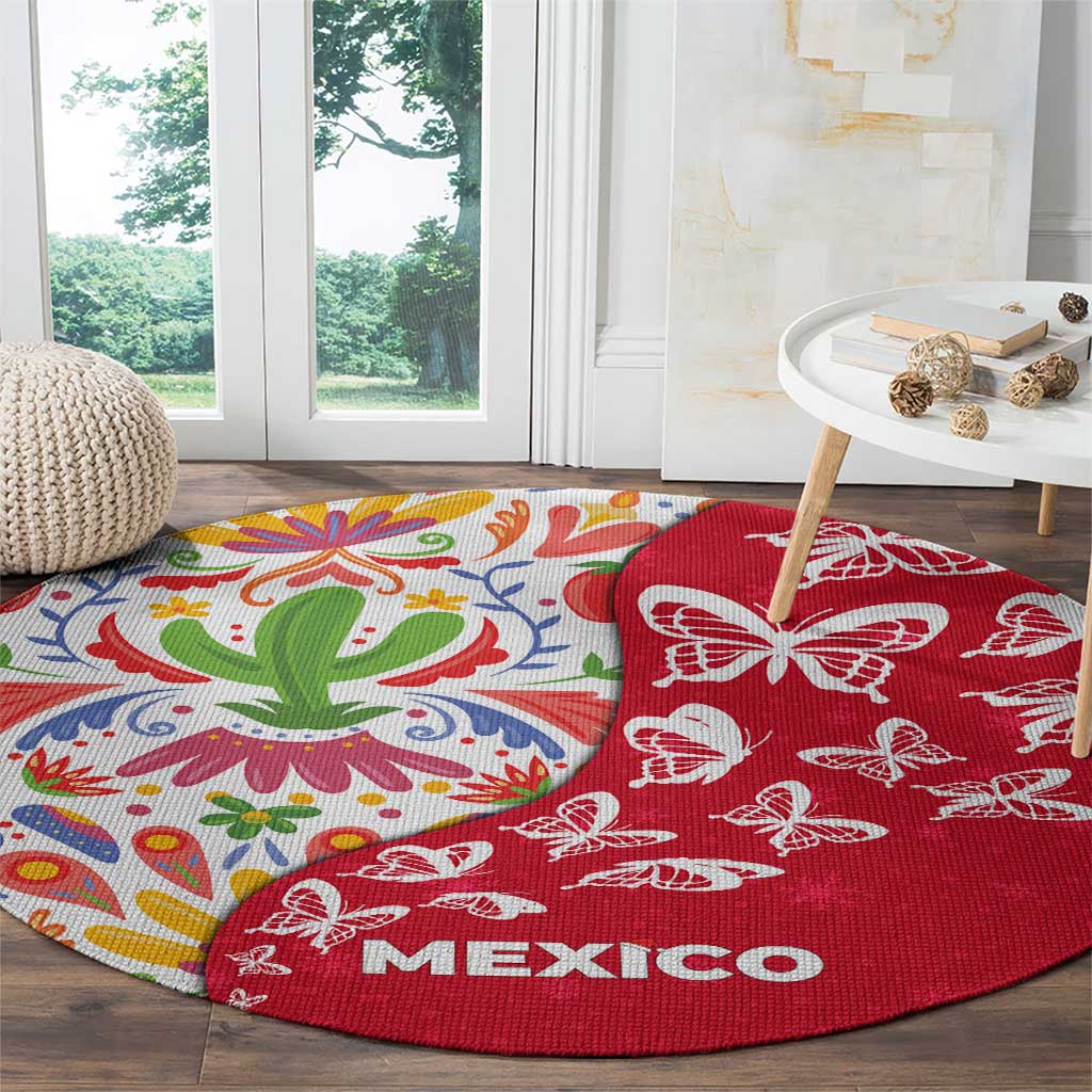Mexico Christmas Round Carpet with Butterfly Cactus and Colorful Floral Folk Art - Wonder Print Shop