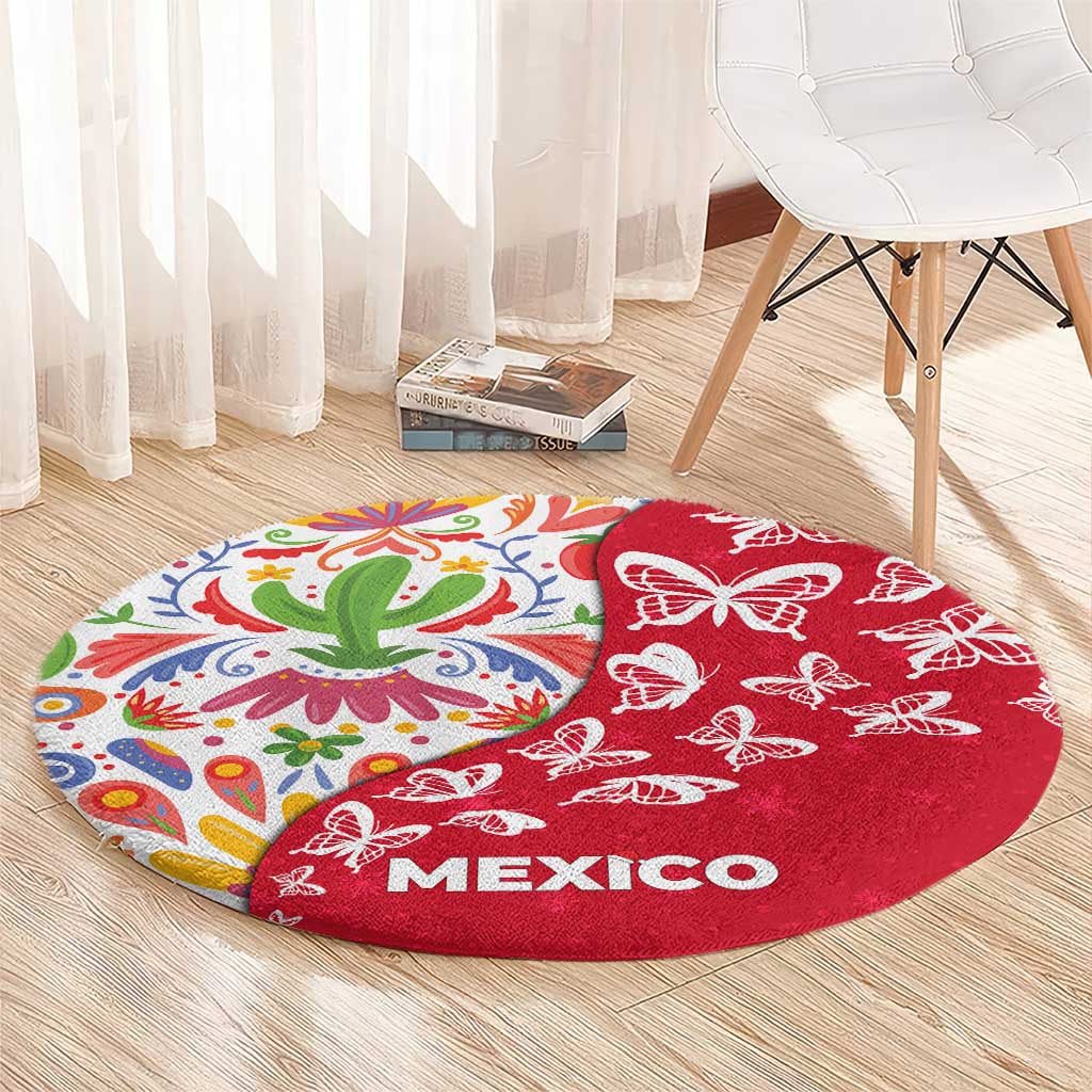 Mexico Christmas Round Carpet with Butterfly Cactus and Colorful Floral Folk Art - Wonder Print Shop