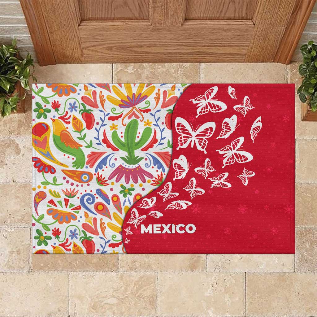 Mexico Christmas Rubber Doormat with Butterfly Cactus and Colorful Floral Folk Art - Wonder Print Shop