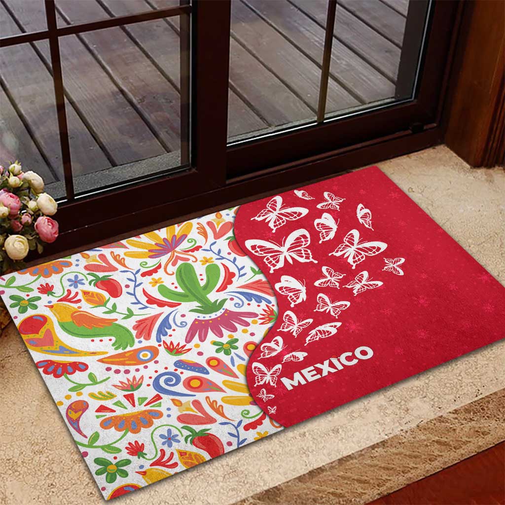 Mexico Christmas Rubber Doormat with Butterfly Cactus and Colorful Floral Folk Art - Wonder Print Shop