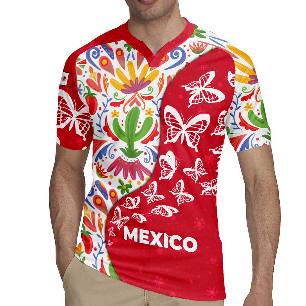 Mexico Christmas Rugby Jersey with Butterfly Cactus and Colorful Floral Folk Art - Wonder Print Shop
