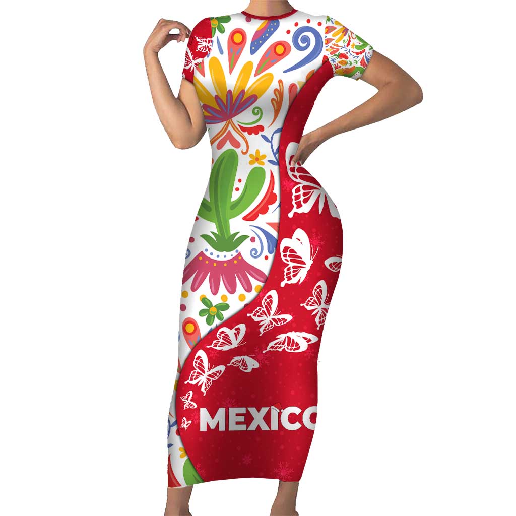 Mexico Christmas Short Sleeve Bodycon Dress with Butterfly Cactus and Colorful Floral Folk Art - Wonder Print Shop