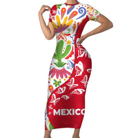 Mexico Christmas Short Sleeve Bodycon Dress with Butterfly Cactus and Colorful Floral Folk Art - Wonder Print Shop