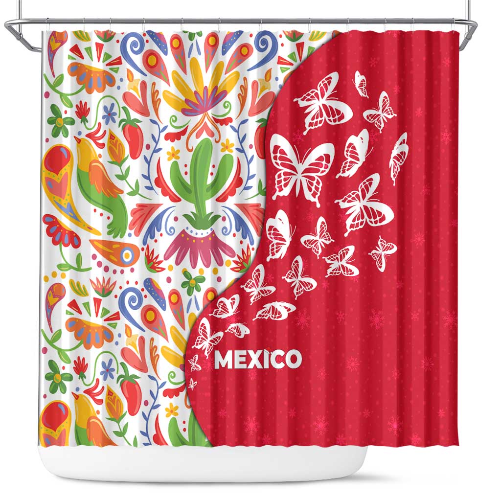Mexico Christmas Shower Curtain with Butterfly Cactus and Colorful Floral Folk Art - Wonder Print Shop