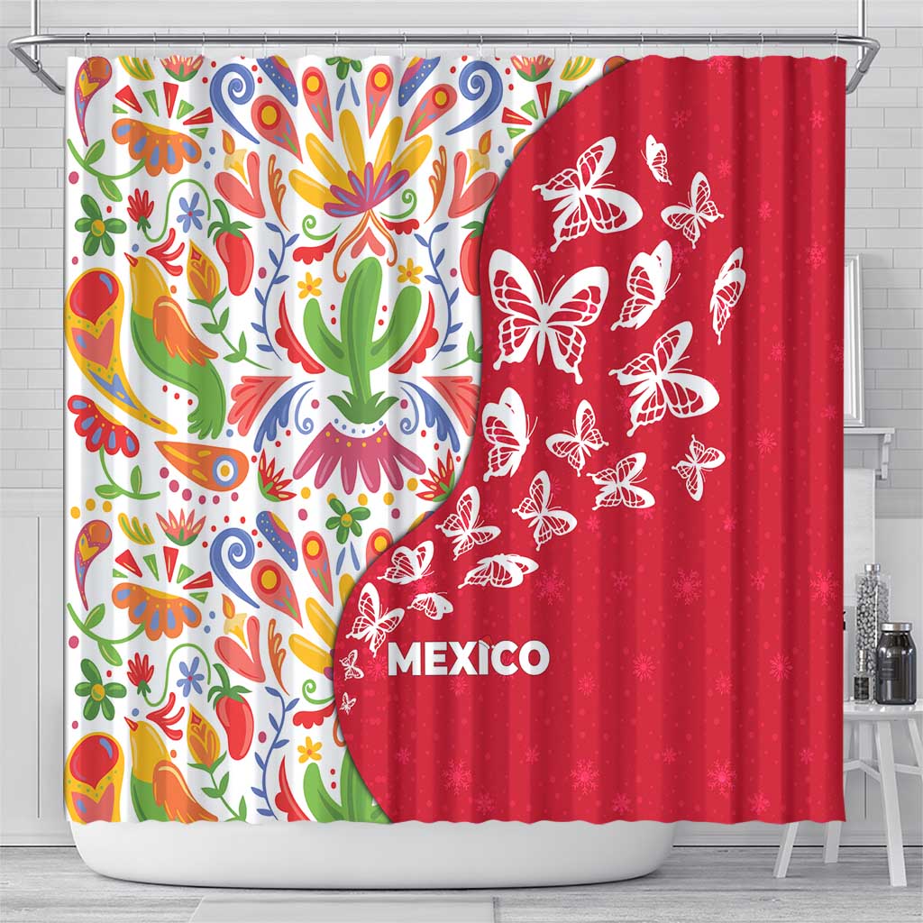 Mexico Christmas Shower Curtain with Butterfly Cactus and Colorful Floral Folk Art - Wonder Print Shop