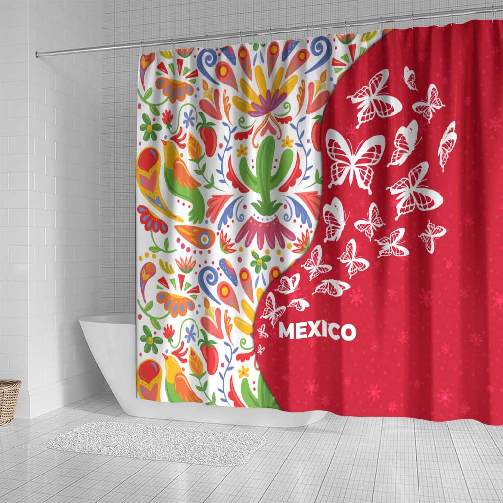 Mexico Christmas Shower Curtain with Butterfly Cactus and Colorful Floral Folk Art - Wonder Print Shop