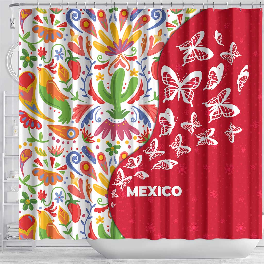Mexico Christmas Shower Curtain with Butterfly Cactus and Colorful Floral Folk Art - Wonder Print Shop