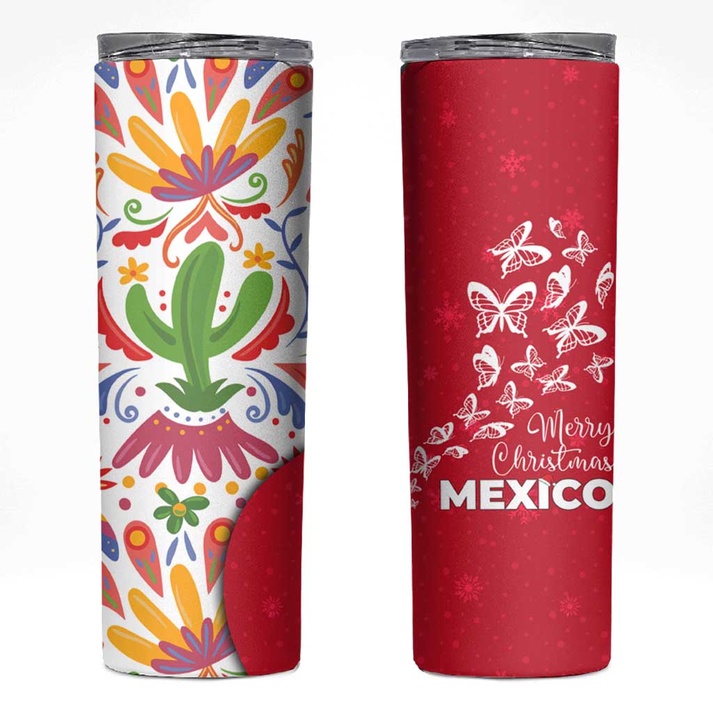 Mexico Christmas Skinny Tumbler with Butterfly Cactus and Colorful Floral Folk Art - Wonder Print Shop