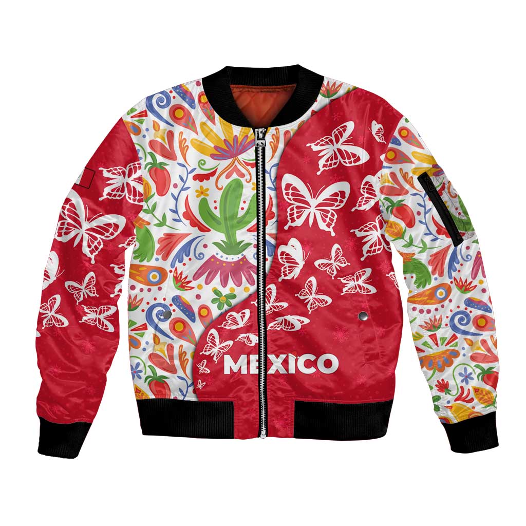Mexico Christmas Sleeve Zip Bomber Jacket with Butterfly Cactus and Colorful Floral Folk Art - Wonder Print Shop