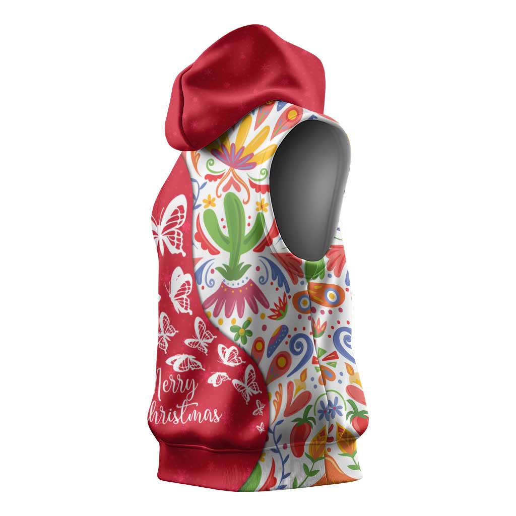 Mexico Christmas Sleeveless Hoodie with Butterfly Cactus and Colorful Floral Folk Art - Wonder Print Shop