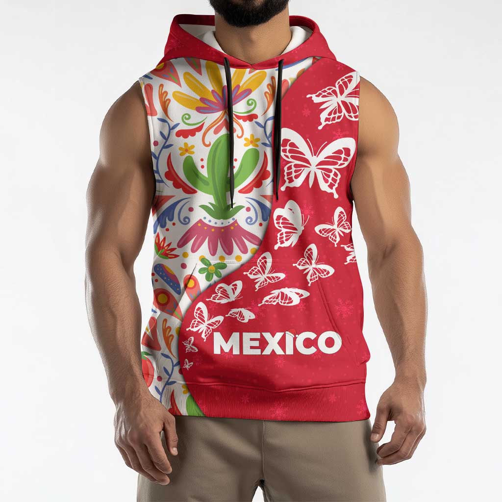 Mexico Christmas Sleeveless Hoodie with Butterfly Cactus and Colorful Floral Folk Art - Wonder Print Shop