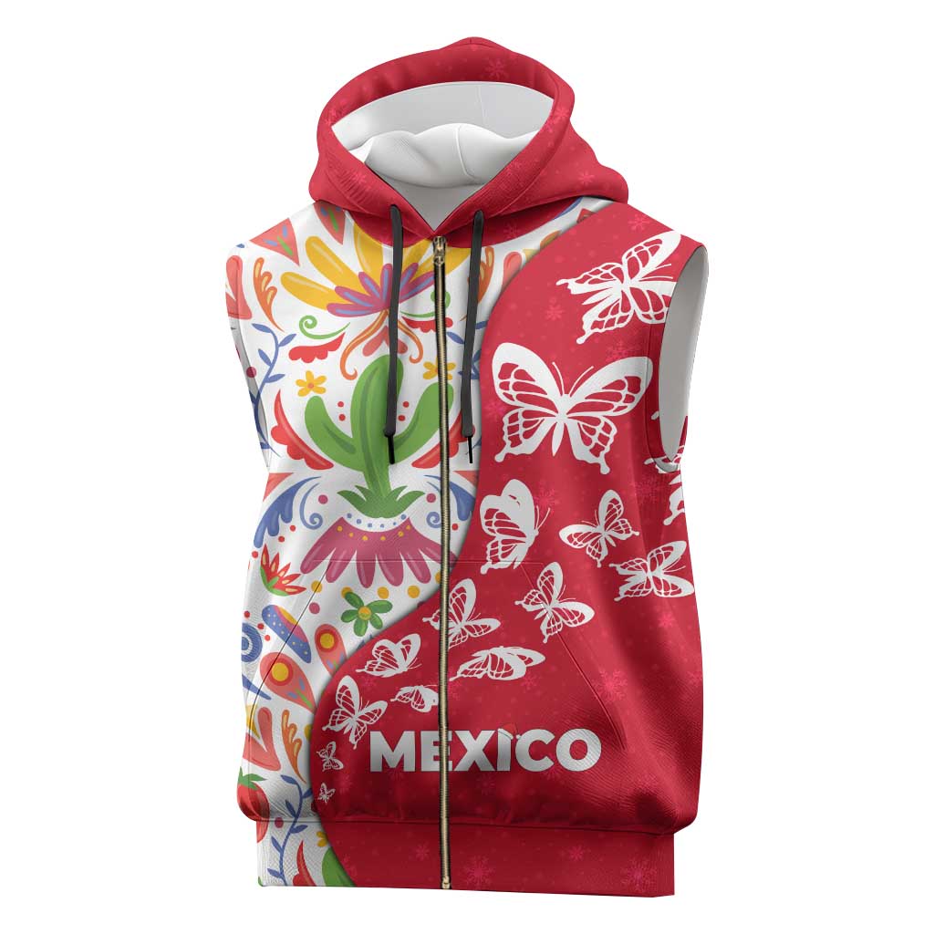 Mexico Christmas Sleeveless Zip Hoodie with Butterfly Cactus and Colorful Floral Folk Art - Wonder Print Shop