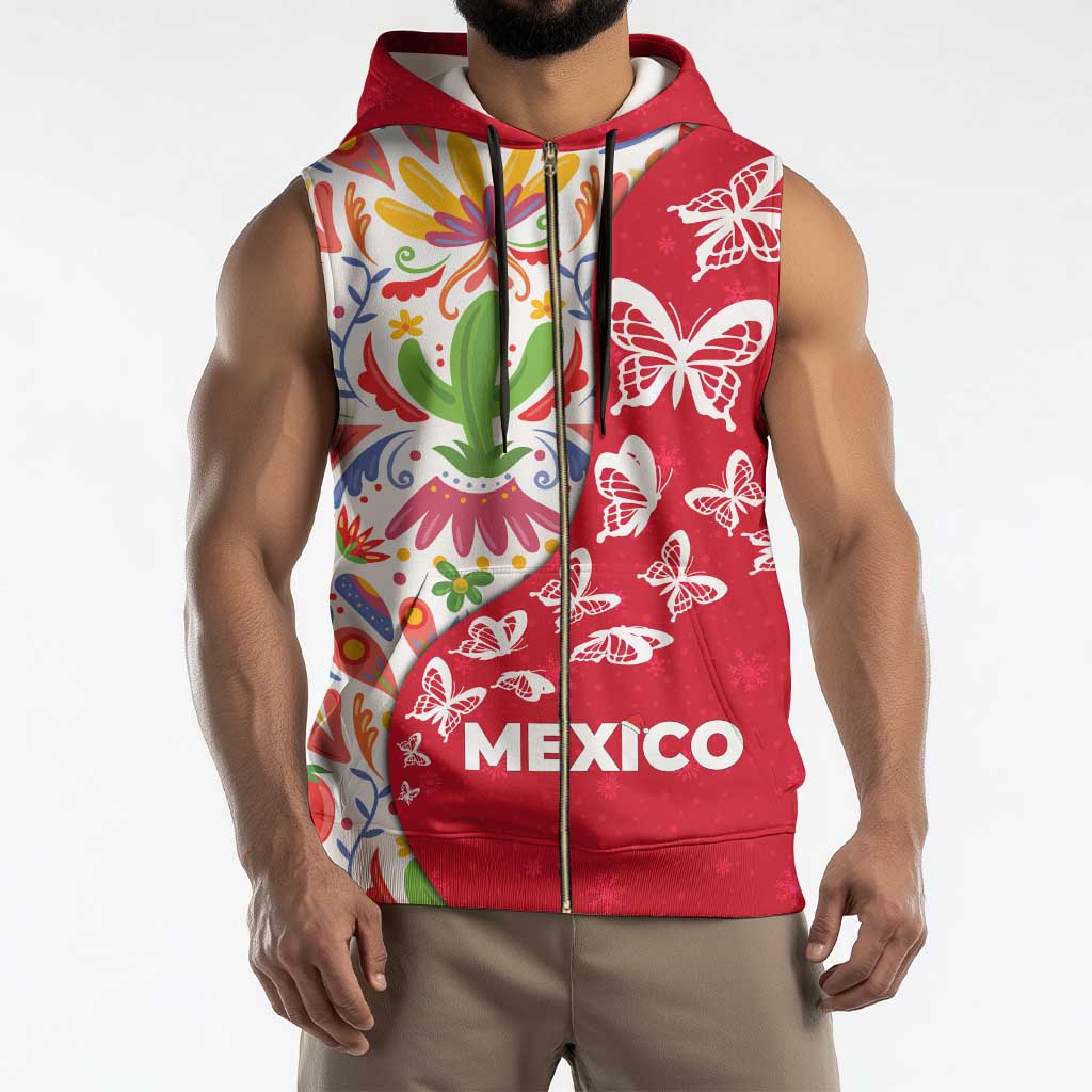 Mexico Christmas Sleeveless Zip Hoodie with Butterfly Cactus and Colorful Floral Folk Art - Wonder Print Shop