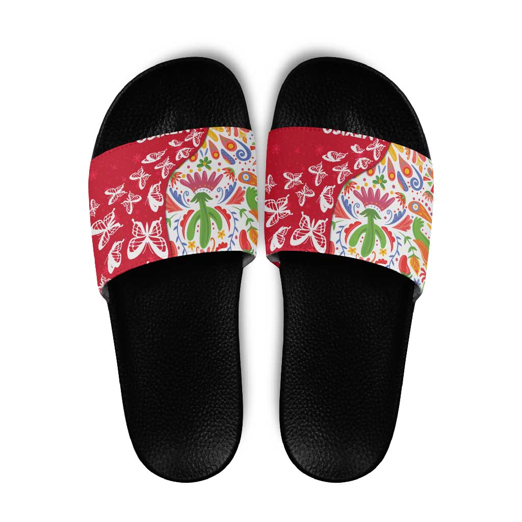 Mexico Christmas Slide Sandals with Butterfly Cactus and Colorful Floral Folk Art - Wonder Print Shop
