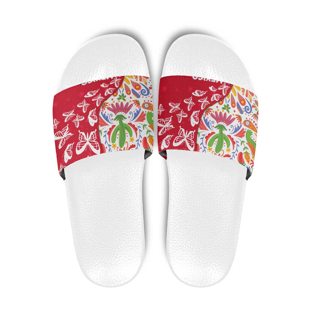 Mexico Christmas Slide Sandals with Butterfly Cactus and Colorful Floral Folk Art - Wonder Print Shop