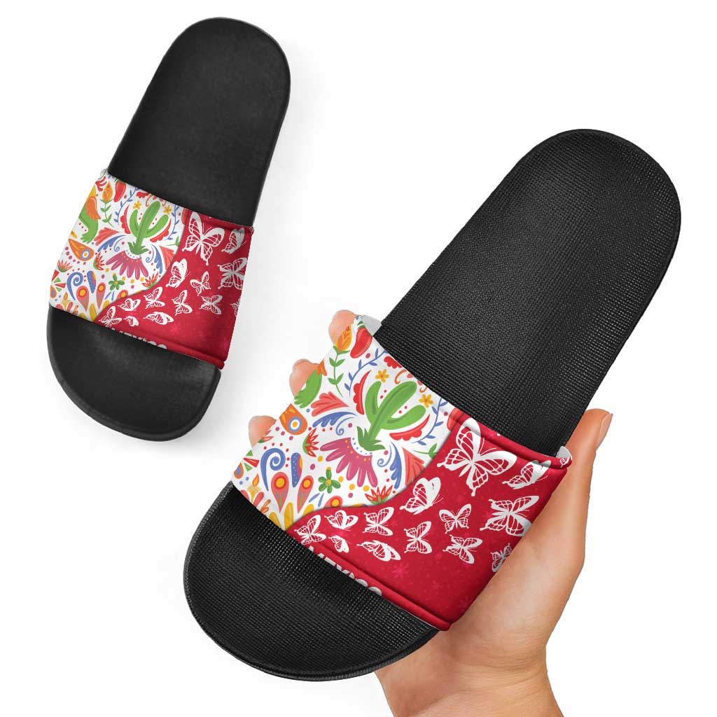 Mexico Christmas Slide Sandals with Butterfly Cactus and Colorful Floral Folk Art - Wonder Print Shop