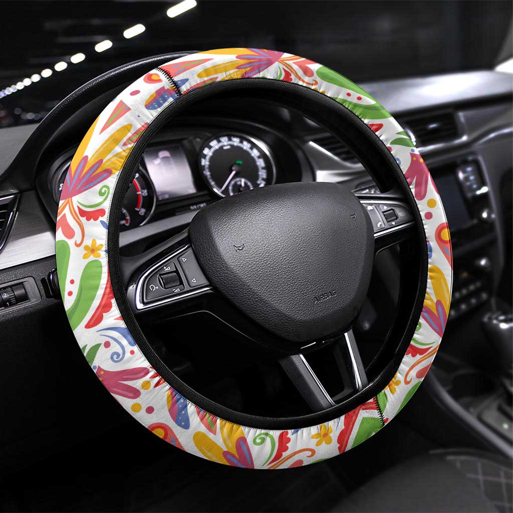 Mexico Christmas Steering Wheel Cover with Butterfly Cactus and Colorful Floral Folk Art - Wonder Print Shop