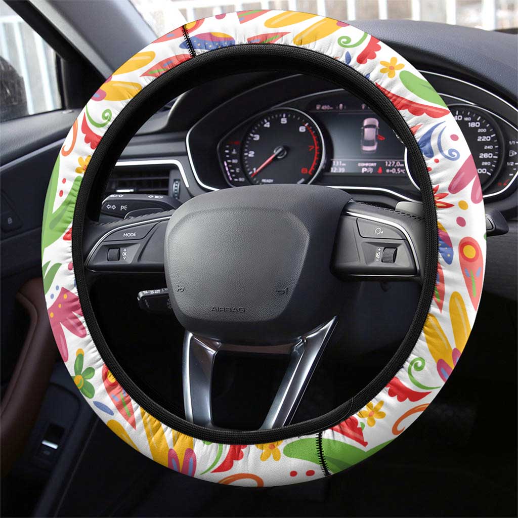 Mexico Christmas Steering Wheel Cover with Butterfly Cactus and Colorful Floral Folk Art - Wonder Print Shop