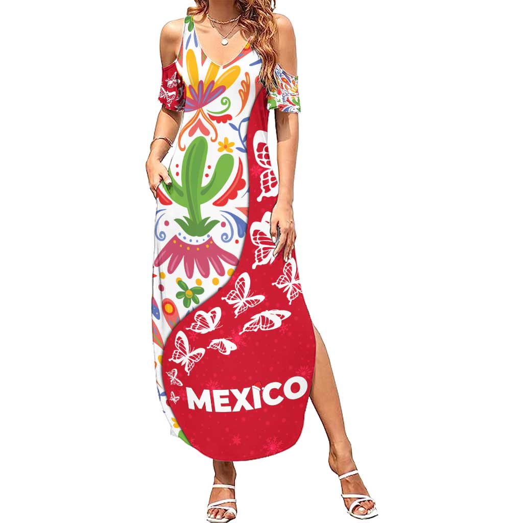 Mexico Christmas Summer Maxi Dress with Butterfly Cactus and Colorful Floral Folk Art - Wonder Print Shop
