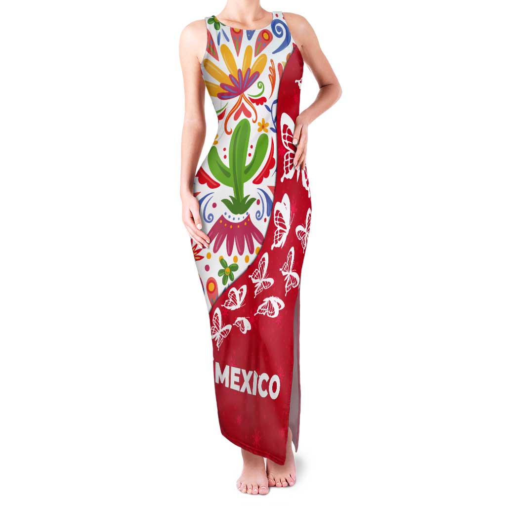 Mexico Christmas Tank Maxi Dress with Butterfly Cactus and Colorful Floral Folk Art - Wonder Print Shop