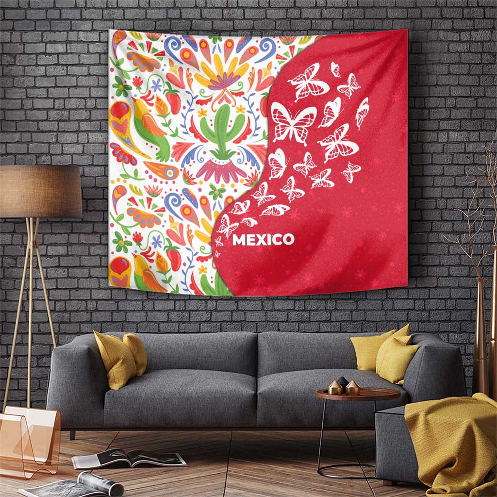 Mexico Christmas Tapestry with Butterfly Cactus and Colorful Floral Folk Art - Wonder Print Shop