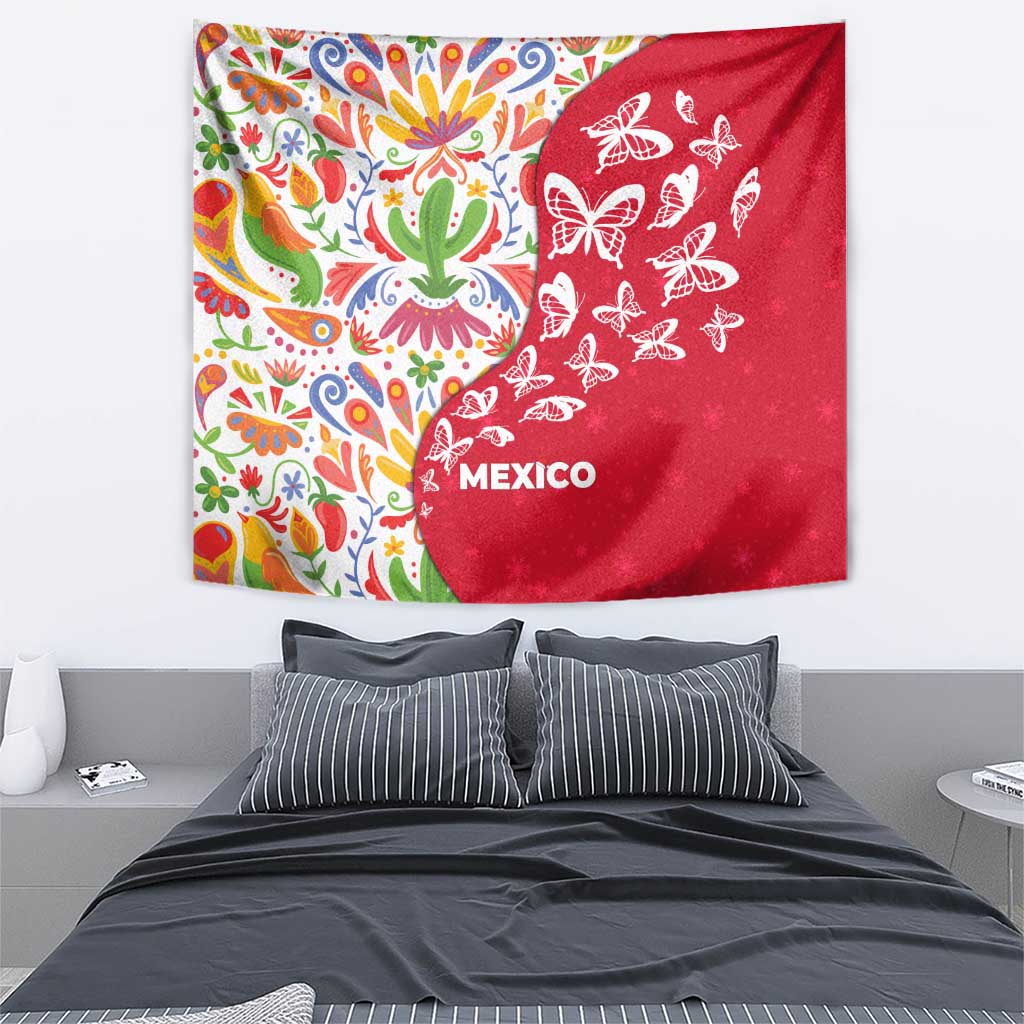 Mexico Christmas Tapestry with Butterfly Cactus and Colorful Floral Folk Art - Wonder Print Shop