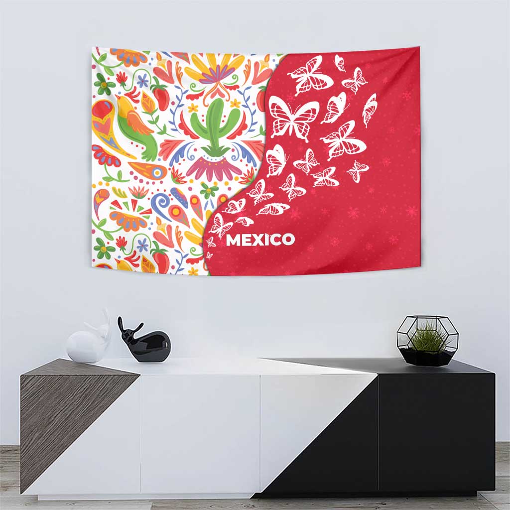 Mexico Christmas Tapestry with Butterfly Cactus and Colorful Floral Folk Art - Wonder Print Shop