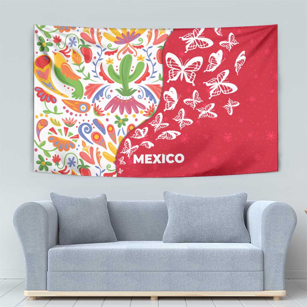 Mexico Christmas Tapestry with Butterfly Cactus and Colorful Floral Folk Art - Wonder Print Shop