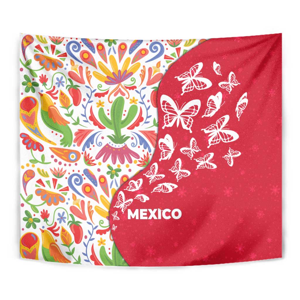 Mexico Christmas Tapestry with Butterfly Cactus and Colorful Floral Folk Art - Wonder Print Shop