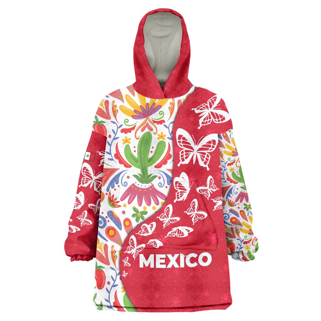 Mexico Christmas Wearable Blanket Hoodie with Butterfly Cactus and Colorful Floral Folk Art - Wonder Print Shop