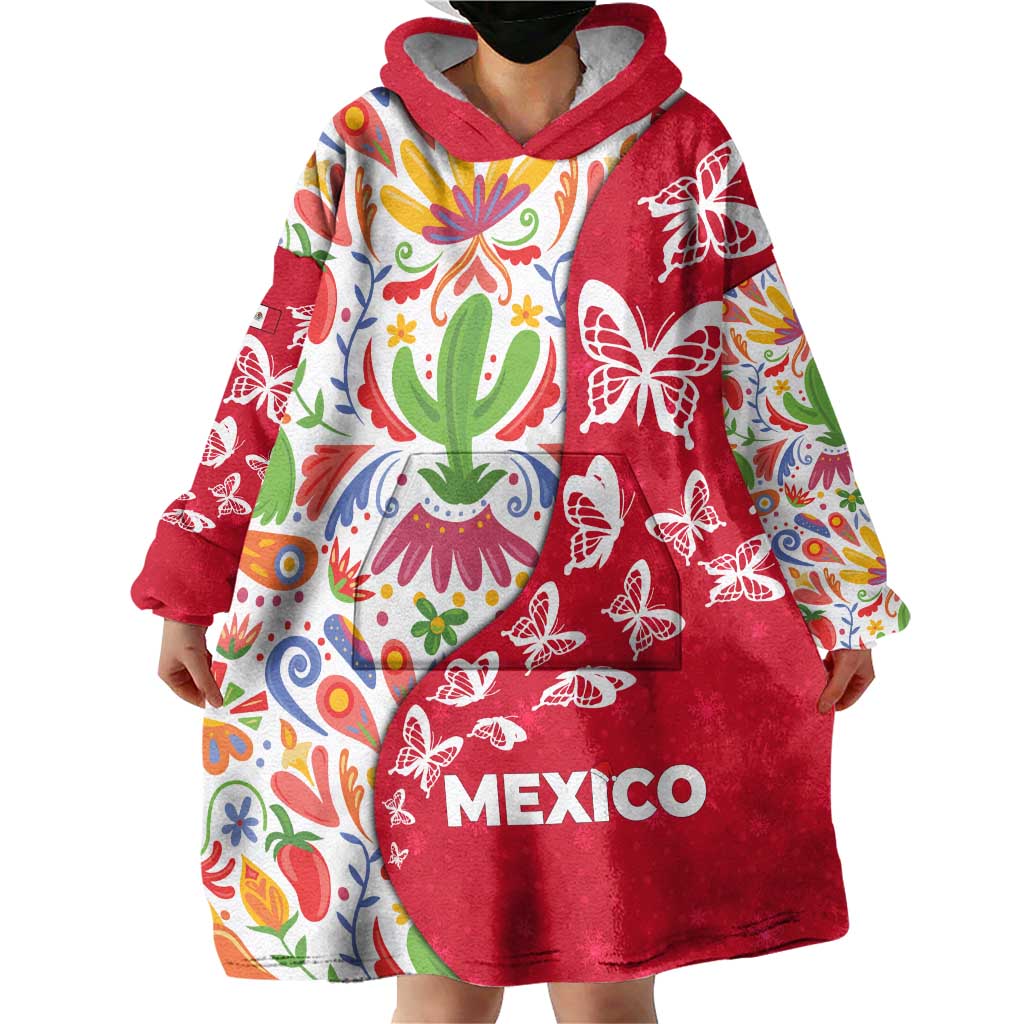 Mexico Christmas Wearable Blanket Hoodie with Butterfly Cactus and Colorful Floral Folk Art - Wonder Print Shop