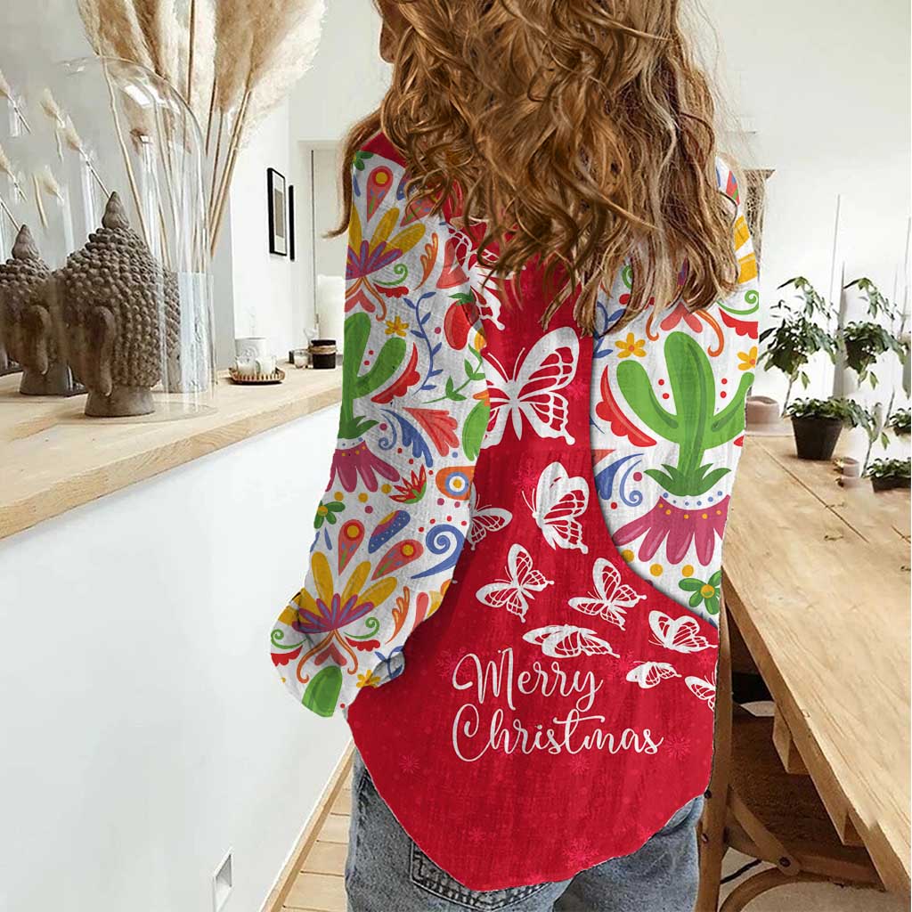 Mexico Christmas Women Casual Shirt with Butterfly Cactus and Colorful Floral Folk Art - Wonder Print Shop