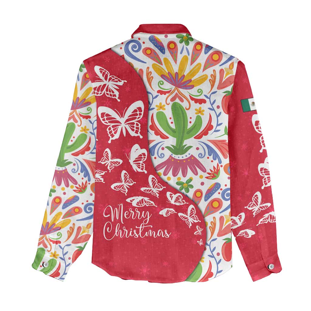 Mexico Christmas Women Casual Shirt with Butterfly Cactus and Colorful Floral Folk Art - Wonder Print Shop