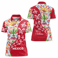 Mexico Christmas Women Polo Shirt with Butterfly Cactus and Colorful Floral Folk Art - Wonder Print Shop