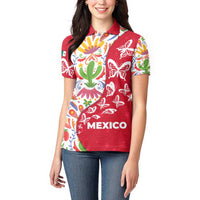 Mexico Christmas Women Polo Shirt with Butterfly Cactus and Colorful Floral Folk Art - Wonder Print Shop