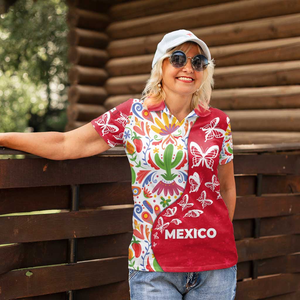 Mexico Christmas Women Polo Shirt with Butterfly Cactus and Colorful Floral Folk Art - Wonder Print Shop