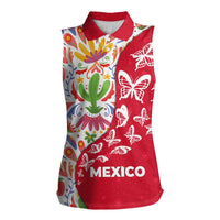 Mexico Christmas Women Sleeveless Polo Shirt with Butterfly Cactus and Colorful Floral Folk Art - Wonder Print Shop