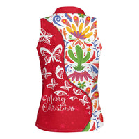 Mexico Christmas Women Sleeveless Polo Shirt with Butterfly Cactus and Colorful Floral Folk Art - Wonder Print Shop